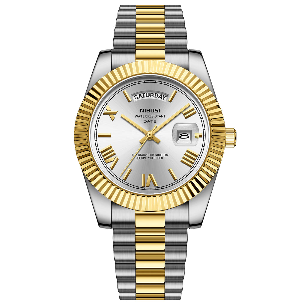 NIBOSI Royal Date Platinum Silver