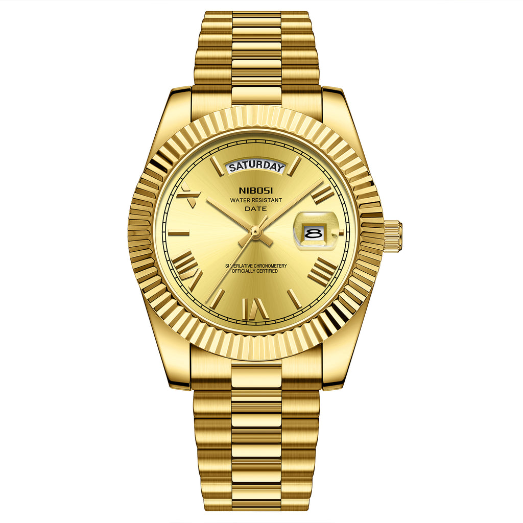 NIBOSI Day-Date lyxklocka guld - vattentät kronometer