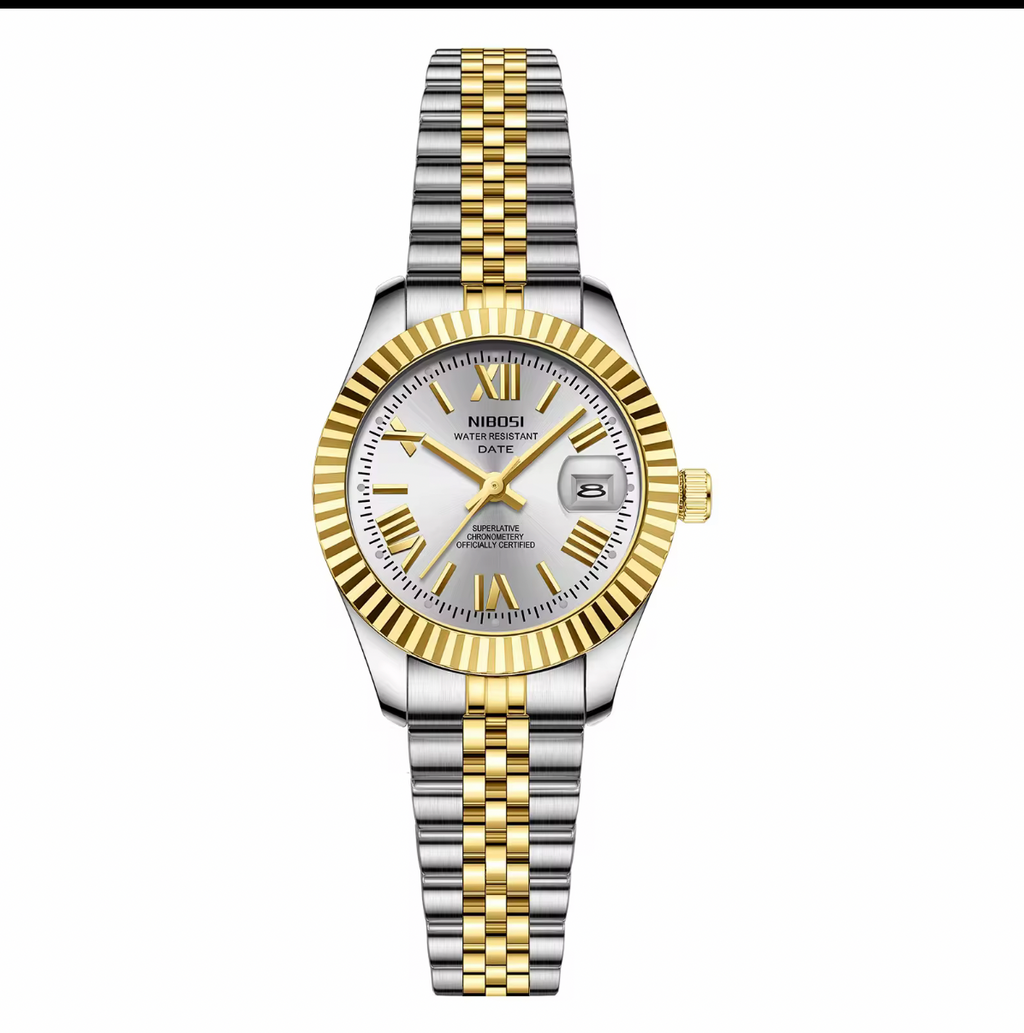NIBOSI Ladies Royal Date Platinum Silver