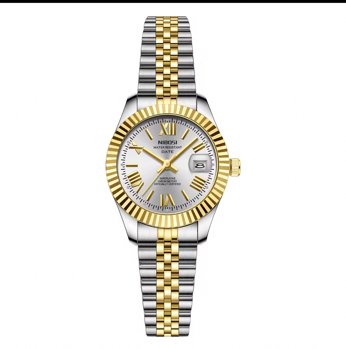 NIBOSI Ladies Royal Date Platinum Silver