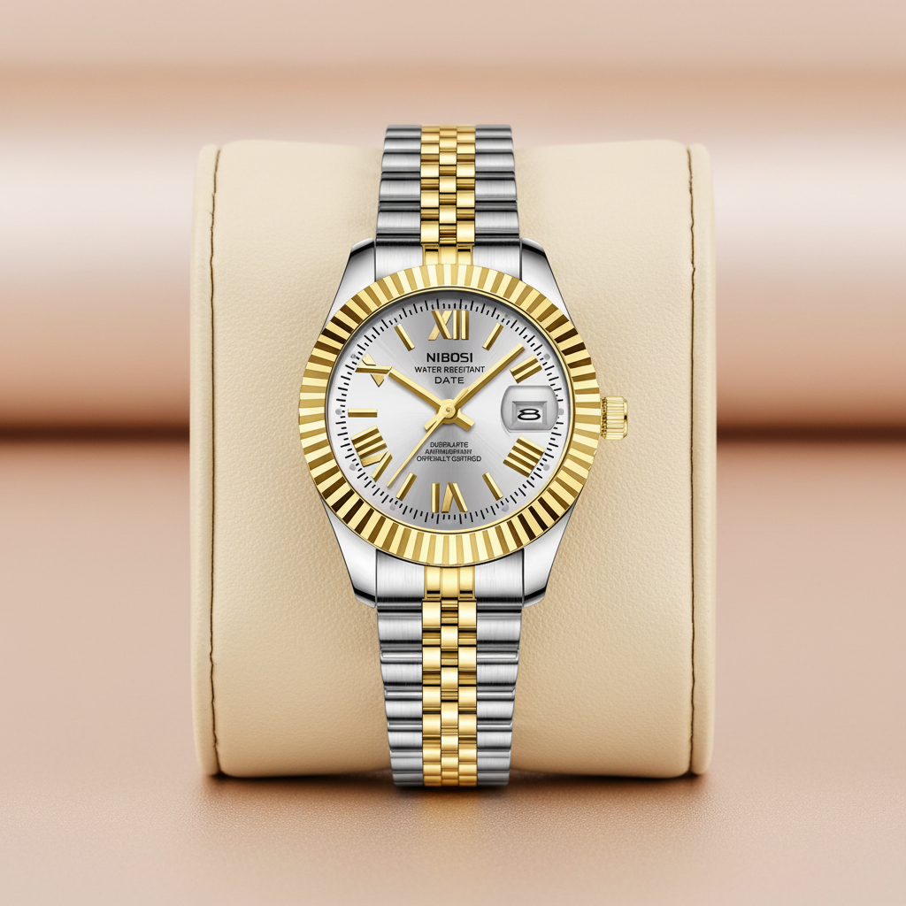 NIBOSI Ladies Royal Date Platinum Silver