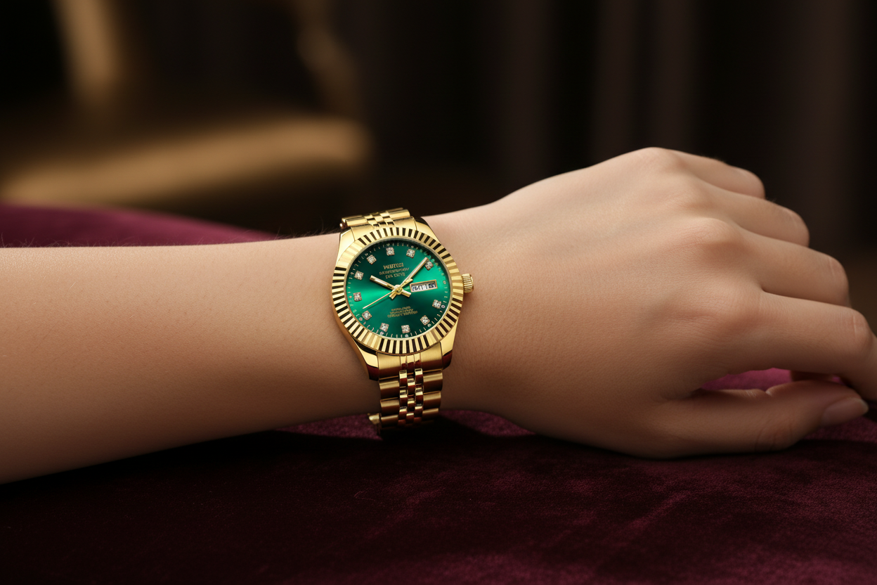 NIBOSI Gold-Türkis Uhr getragen