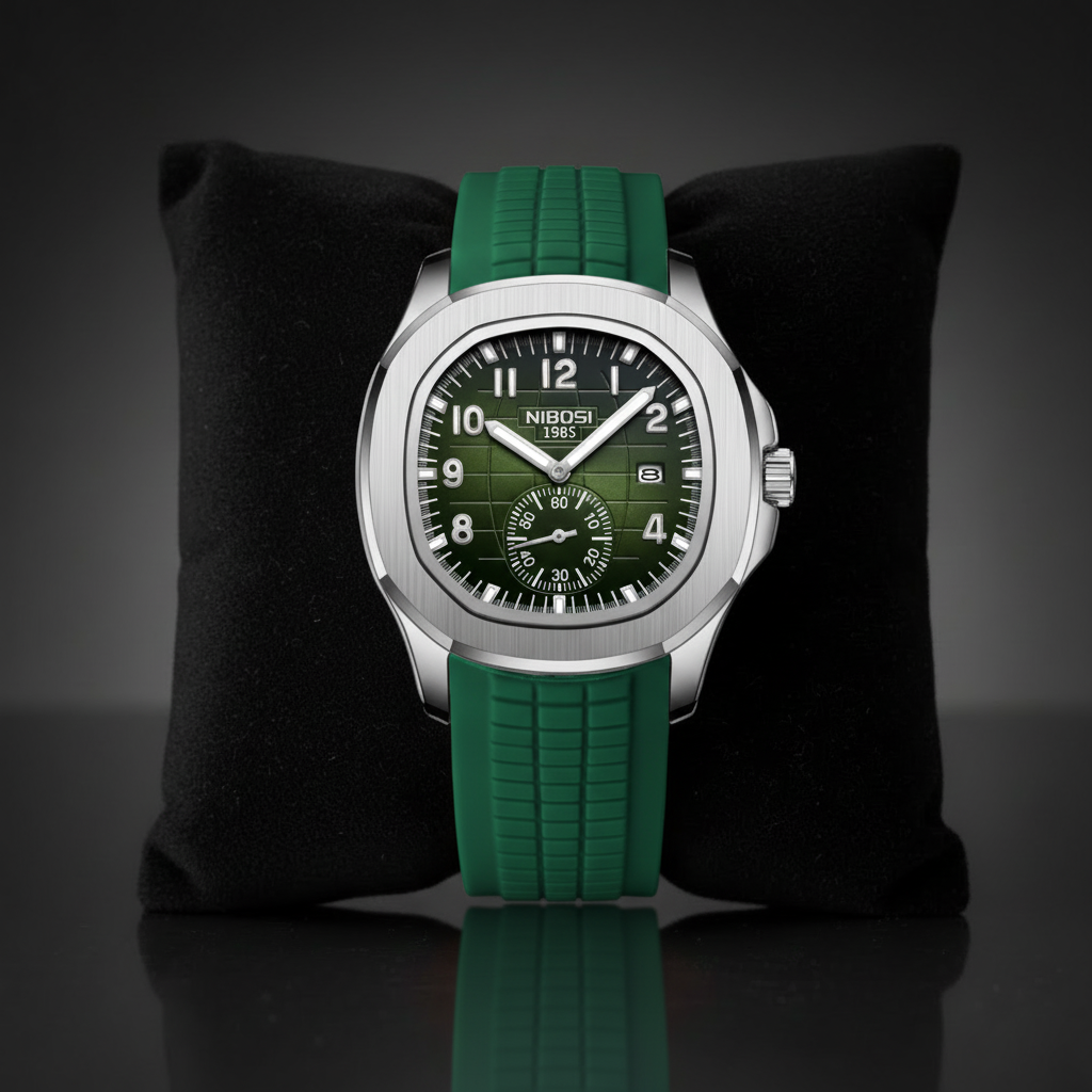 NIBOSI grüne Uhr auf schwarzem Uhrenpolster